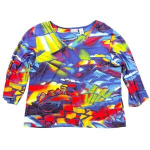Chico's Top Women's XL Multicolor All-Over Print City V-Neck Stretch Long Sleeve
